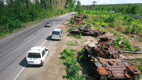Aerial-Over-Destroyed-And-Abandoned-Russian-Tanks-And-War-Equipment-Left-Along-A-Road-During-Ukraine'S-Summer-Offensive