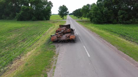 Aerial-Over-Destroyed-And-Abandoned-Russian-Tank-Left-Along-A-Road-During-Ukraine'S-Summer-Offensive-In-The-War