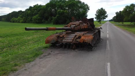 Aerial-Around-Destroyed-And-Abandoned-Russian-Tank-Left-Along-A-Road-During-Ukraine'S-Summer-Offensive-In-The-War