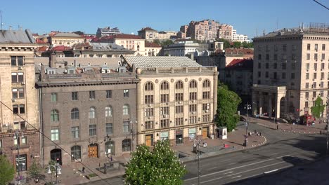 High-Angle-Establishing-Shot-Of-Khreshchatyk-Street,-Main-Boulevard-In-Downtown-Kyiv,-Kiev-Ukraine-With-Buildings,-Offices