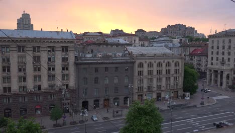 High-Angle-Establishing-Shot-Of-Khreshchatyk-Street,-Main-Boulevard-In-Downtown-Kyiv,-Kiev-Ukraine-With-Buildings,-Offices-At-Dusk-Or-Sunset