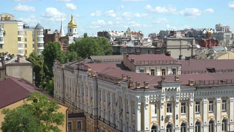 Establishing-Shot-Rooftops-Of-Downtown-Kyiv,-Ukraine-With-St-Sophia'S-Bell-Tower-Distant