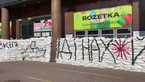 The-Central-Kyiv-Kiev-Metro-Station-Is-Lined-With-Sandbags-To-Prevent-Russian-Bombing-And-An-Insult-To-Russians-Is-Written-On-Them