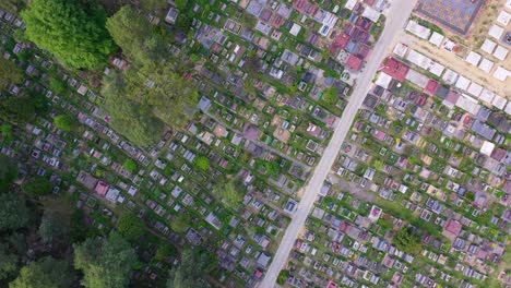 Top-Down-High-Aerial-Of-A-Cemetery-Or-Graveyard-With-Many-Graves-Near-Lviv,-Ukraine