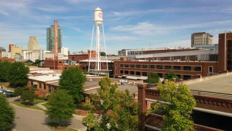 Rising-Aerial-Of-Downtown-Durham-North-Carolina-And-The-Lucky-Strike-Water-Tower