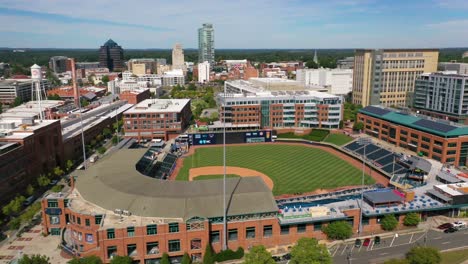 Aerial-Of-Downtown-Durham-North-Carolina-And-The-Durham-Bulls-Baseball-Stadium