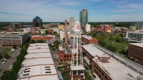 Beautiful-Aerial-Of-Downtown-Durham-North-Carolina-And-The-Lucky-Strike-Water-Tower