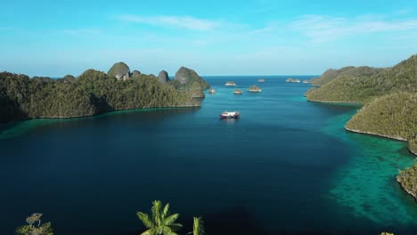 Ausgezeichnete-Luftaufnahme-Von-Palmen-Und-Einem-Boot,-Das-Zwischen-Den-Wayag-inseln,-Raja-Ampat,-Indonesien,-Schwimmt