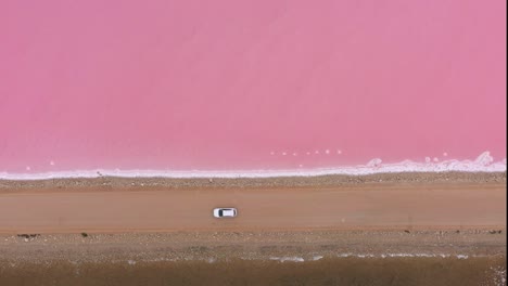 Excellent-Overhead-Aerial-Shot-Of-Of-A-Car-Driving-Down-A-Road-Dividing-Lake-Macdonnell-On-Eyre-Peninsula,-South-Australia,-With-Brown-Water-On-One-Side-And-Pink-On-The-Other