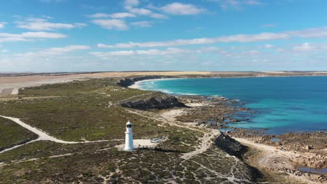 Excellent-Zooming-Out-Aerial-Shot-Of-A-Lighthouse-Near-The-Rocky-Shores-Of-Corny-Point-On-Yorke-Peninsula,-Australia