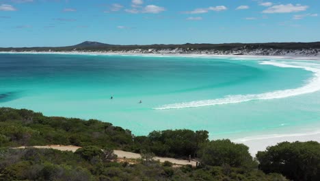 Excellent-Aerial-Shot-Of-Surfers-Wading-Into-The-Waters-Of-Wharton-Bay,-Esperance,-Australia