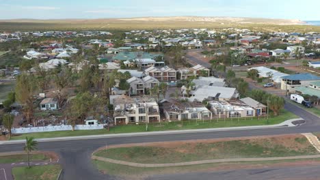 Excellent-Aerial-Shot-Of-Damage-Done-By-Cyclone-Seroja-To-Homes-In-Kalbarri,-Australia,-Where-Roofs-Have-Been-Decimated