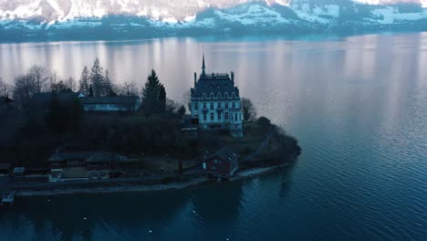 Ausgezeichnete-Luftaufnahme-Des-Schlosses-Auf-Der-Halbinsel-Iseltwald,-Schweiz
