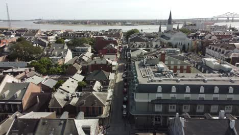 Good-Aerial-Over-New-Orleans,-Louisiana,-French-Quarter,-Mississippi-River-And-Jackson-Square