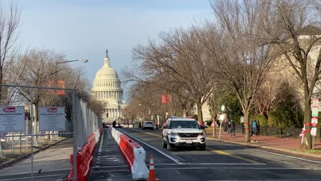 National-Guard-Troops-And-Police-Patrol-The-Capitol-Washington-Dc-Following-The-Trump-Insurrection-And-Riots,-Military-Trucks-Block-The-Streets