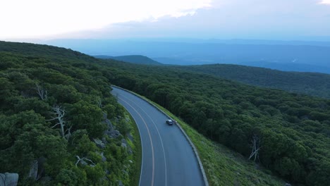 Excellent-Aerial-View-Of-A-Car-Stopped-On-The-Blue-Ridge-Parkway-In-Virginia