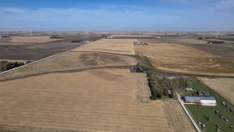 Aerial-Drone-Footage-Brown,-Dry,-Corn-Fields,-Farmland-And-Sustainable-Windmills,-Under-Blue-Skies-Rural,-Midwestern-Iowa