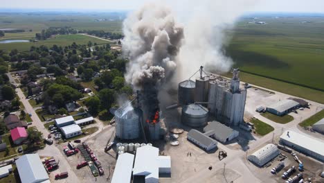 Aerial-Over-An-Industrial-Fire-In-A-Grain-Silo-Storage-Facility-On-A-Farm-In-Iowa