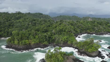 Excelente-Toma-Aérea-De-Una-Selva-Tropical-Costera-En-Costa-Rica