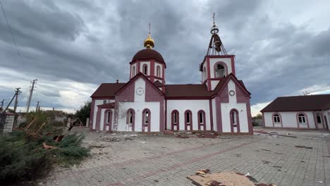 Destroyed-Church-In-The-Town-Of-Drobysheve-In-Eastern-Ukraine,-Near-Lyman-Show-The-Destruction-Of-War-During-The-Counteroffensive-In-Ukraine