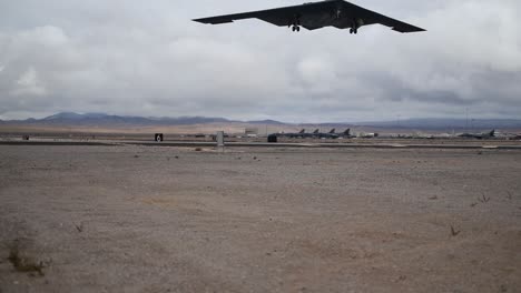 Flying-Wing-Northrop-B-2-Spirit-Stealth-Bombers,-America’S-Heavy-Strategic-Bomber,-Takes-Off-From-A-Runway