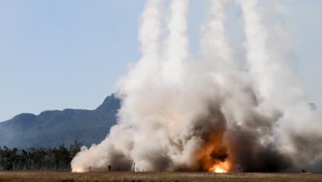 Slow-Motion,-High-Mobility-Artillery-Rocket-System-And-Himars-Launch-A-Barrage-Of-Rockets,-Exercise-Talisman-Sabre