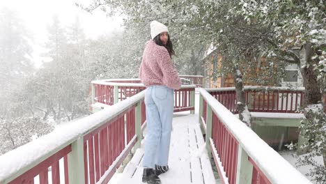 A-Young-Female-Model-Walks-On-A-Bridge-In-The-Snow