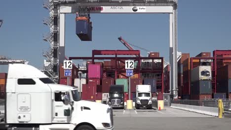 Long-Beach-Sea-Port-Shipping-And-Container-Operations-During-Supply-Chain-Crisis,-Including-Ships,-Trucks,-Cranes,-Ca