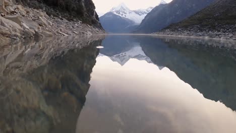 Water-Reflection,-Paron-Lake,-Underwater-View,-Andes-Mountain-Range,-Peru-Andean-Cordillera,-Andes-Granite-under-Turquoise-Lagoon
