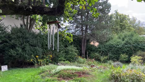 Static-shot-of-wind-chimes-hanging-in-a-slightly-enchanted-feral-garden