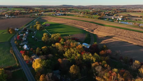 Long-shadows-in-autumn-season-on-rural-farm-fields-in-Pennsylvania-USA