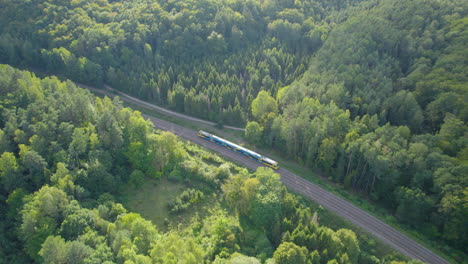 Electric-passenger-train-on-railroad-tracks-in-middle-of-the-forest
