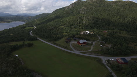 Aerial-shot-of-farm-land-in-Norway