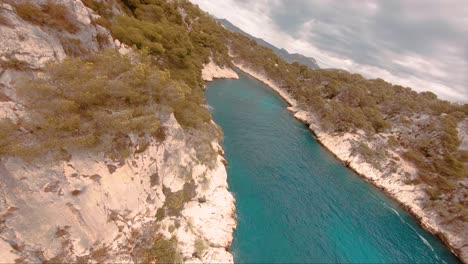 Fast-FPV-shot-above-the-tree-tops-and-mediterannean-ocean-in-Cassis,-France