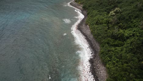 Aerial-view-of-Maui-rocky-beach-on-green-vegetation-coastline,-tilt-up