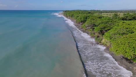 Aerial-flight-along-scenic-coastline-of-rocky-Palenque-Beach-and-blue-Sea-of-Dominican-Republic
