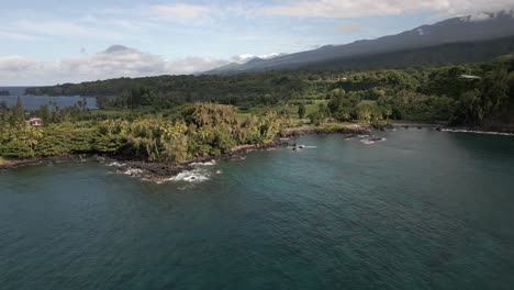 Aerial-of-Maui-tropical-coastline-in-Hawaii,-green-vegetation-landscape