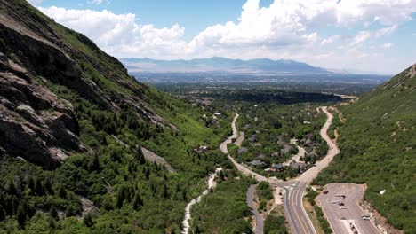 Aerial-tilt-up-shot-of-road-at-Mount-Olympus-in-Salt-Lake-City,-Utah