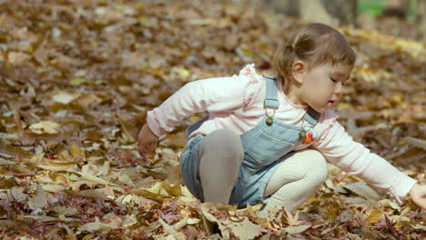 Süßes-Kleinkindmädchen-Im-Pullover,-Das-Gefallene-Herbstblätter-Auf-Dem-Boden-Im-Park-Spielt
