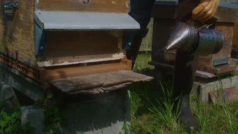 a-beekeeper-smokes-a-hive-of-bees-with-the-smokers