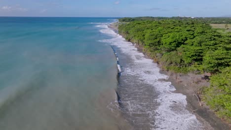 Aerial-flyover-shoreline-of-Caribbean-Sea-with-reaching-waves-on-rural-forest-coast-and-Rio-Nizao-in-background