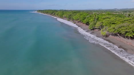 Ozeanwellen,-Die-Im-Sommer-In-San-Cristobal,-Dominikanische-Republik,-Am-Sandufer-Von-Playa-Palenque-Mit-üppigen-Grünen-Bäumen-Angespült-Werden