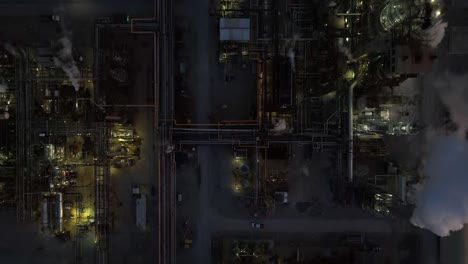 Top-down-aerial-of-oil-refinery-at-night