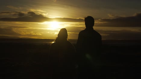 Silhouetted-couple-in-love-admiring-beautiful-sunset-by-sea,-rising-above-grass