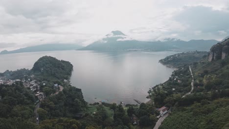 Volcano-and-lake-Atitlan,-aerial-FPV-drone-view