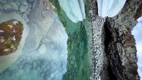 crystal-clear-glacier-pond-with-massive-stones-resting-at-the-bottom-and-snow-and-glacial-ice-surrounding-the-scene-with-a-transition-to-the-underwater-viewpoint-in-Iceland