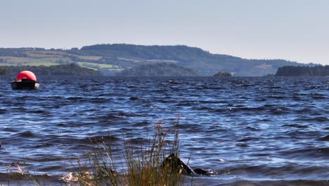 Low-Angle-on-Loch-Lomond-Shore-on-a-Calm-Sunny-Dsay-watching-Waves-come-in-and-Small-Boat