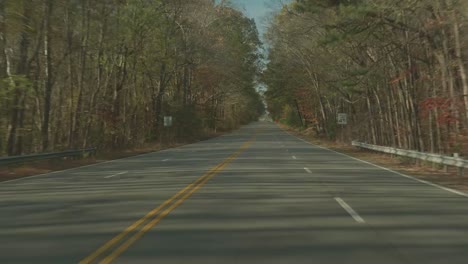 Driving-down-a-four-lane-highway-lined-with-autumn-trees