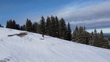 Man-hiking-up-a-snowy-mountain-with-fir-trees-in-the-background