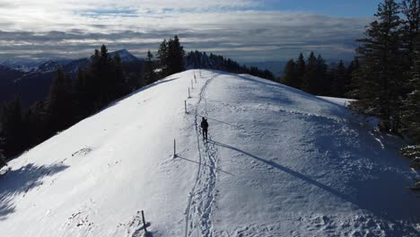 Hombre-Caminando-En-Un-Campo-De-Nieve-Con-Montañas-Al-Fondo